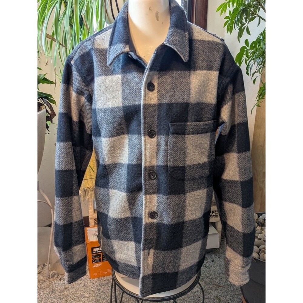 Banana Republic Black GrayBuffalo Plaid Wool-Blend ShtJkt Med